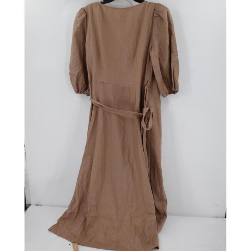 NEW Reformation Anna wrap Dress Women's XL Clay Brown Linen Puff Sleeves Midi - Picture 6 of 15